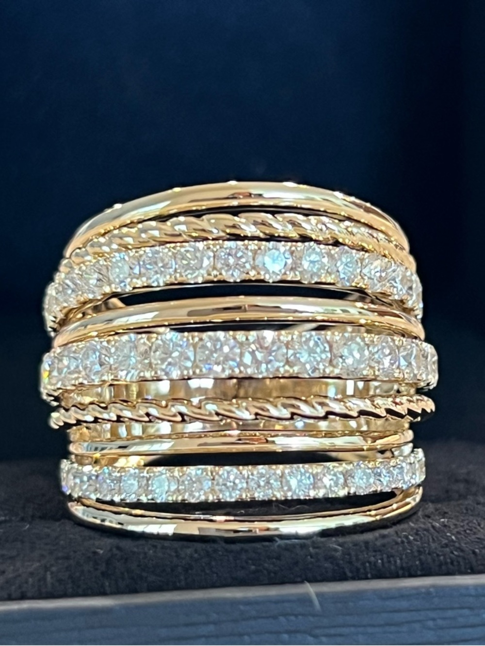 2.00 ctw Diamond and Yellow Gold Wide Nine Row Band - Cocktail Ring Size 7.25